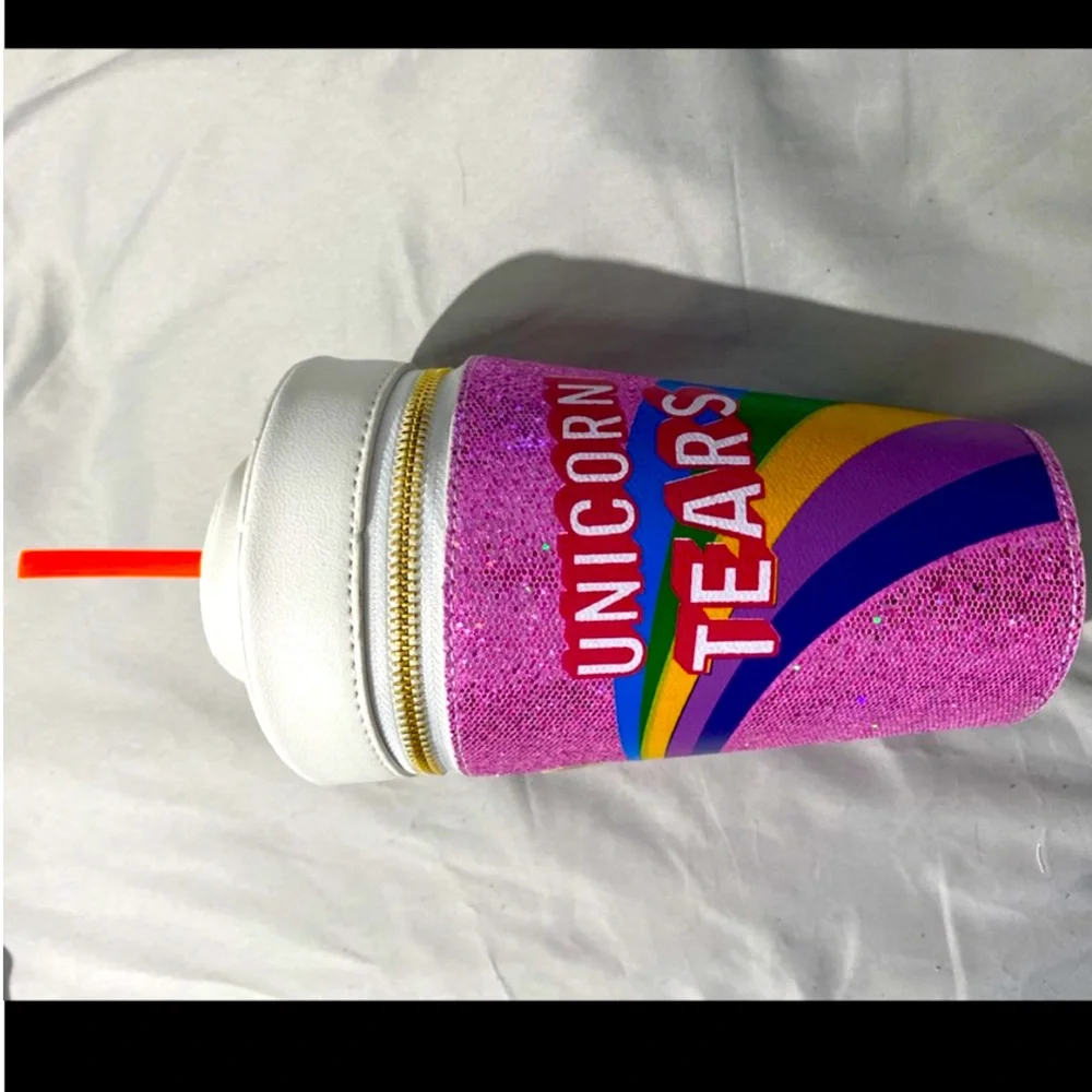 UNICORN TEARS On 🌈 Graphic Cup W/ Gold Chain & Straw Leather Crossbody Bag